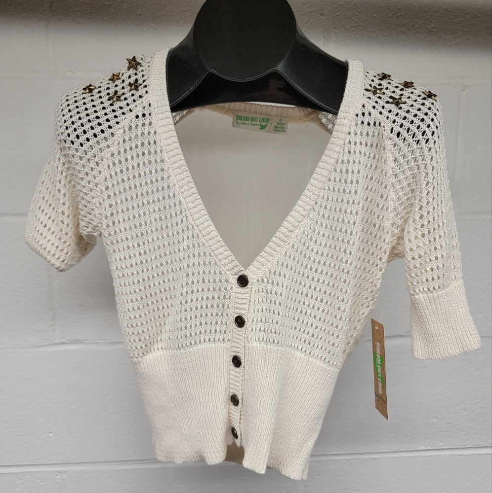 Dream Out Loud White/Cream Button Up Knitted Crochet 3/4 Sleeve Juniors L NWT